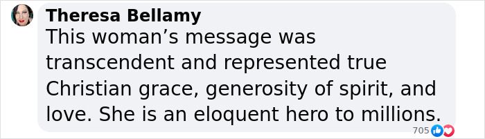 Comment praising a woman's message of Christian grace and generosity, referring to her as an eloquent hero.