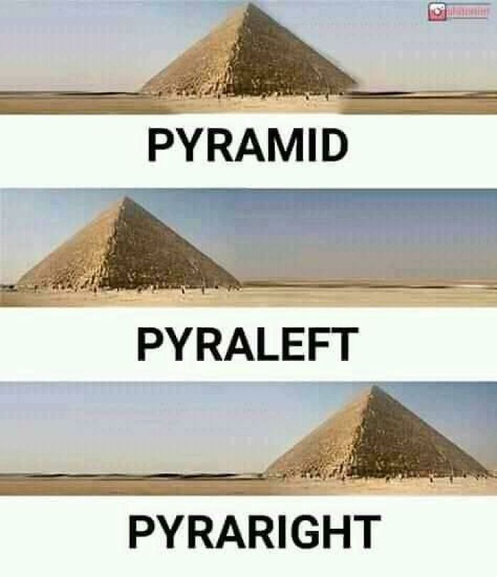 Linguistic meme with pyramid labeled "PYRAMID," "PYRALEFT," and "PYRARIGHT" in sequence.