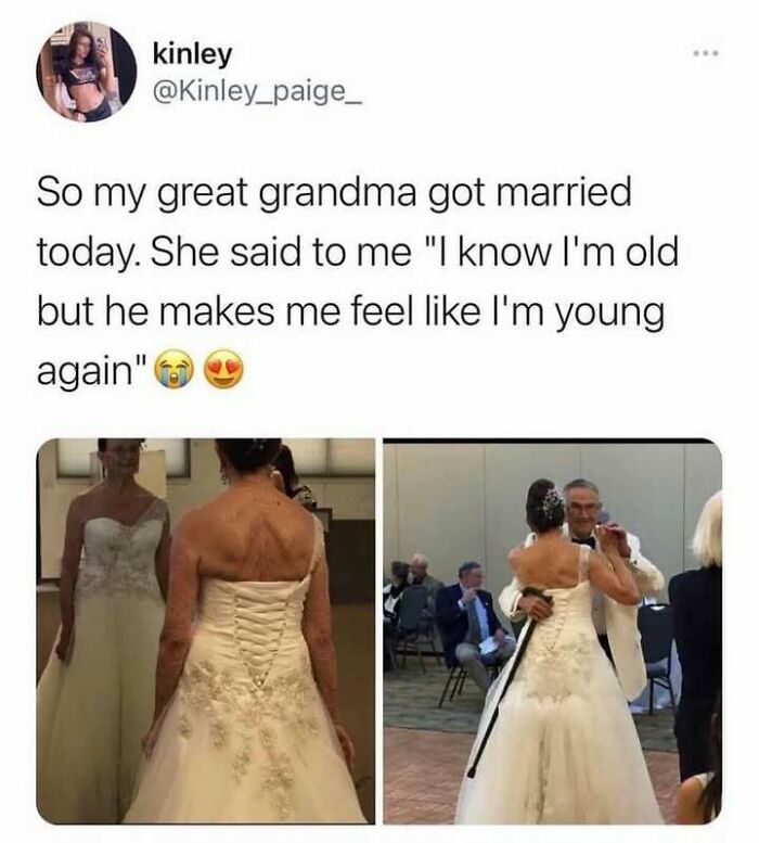 A bride in a wedding dress showing a heartwarming moment of kindness by dancing with her partner.