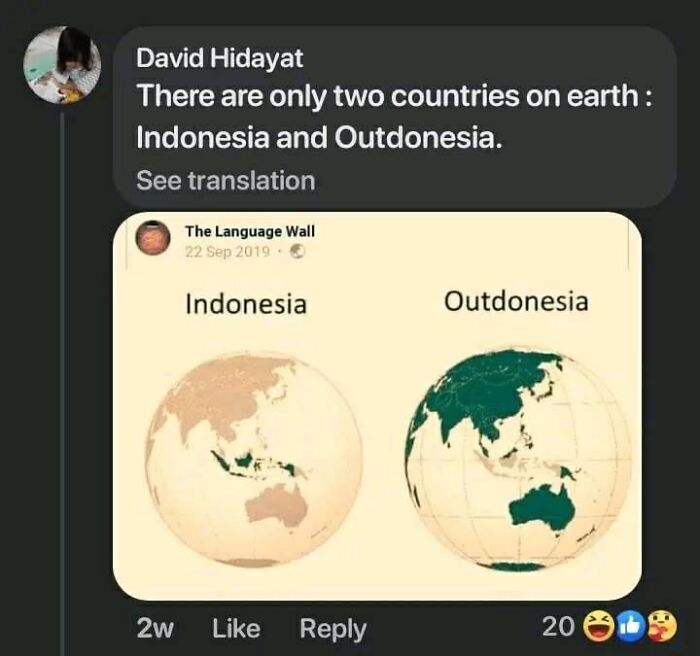 Linguistic meme depicting "Indonesia" and "Outdonesia" with humorous world map illustrations.