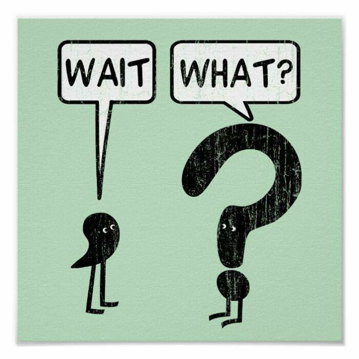 Two simplistic characters shaped like punctuation marks, with speech bubbles saying "WAIT" and "WHAT?", illustrating a linguistic meme.