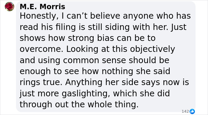 Comment by M.E. Morris expressing disbelief and discussing bias related to harassment claims.