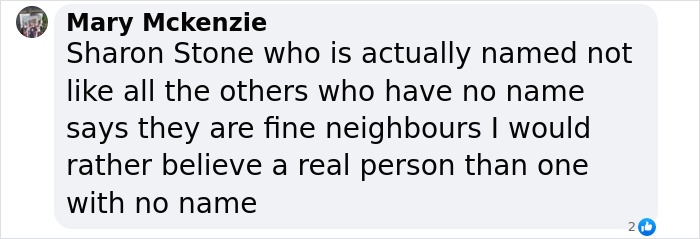 Text conversation discussing Sharon Stone, mentioning real vs unnamed neighbors.