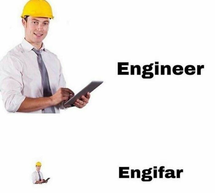 Man in a hard hat holding a tablet labeled as "Engineer" and "Engifar," highlighting a humorous linguistic meme.