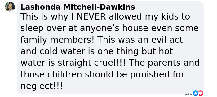 Comment on hot water prank discusses safety concerns for children at sleepovers.