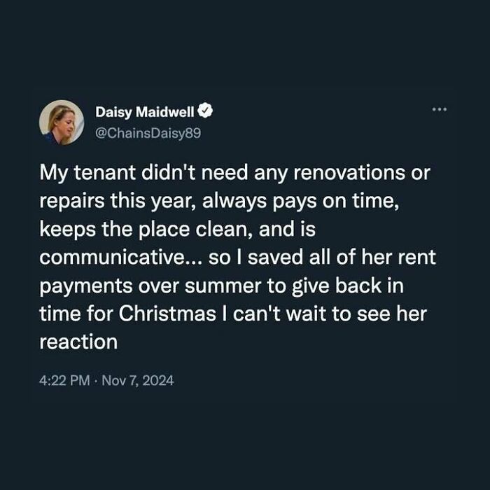 Tweet sharing a heartwarming moment: landlord saves rent payments to return them for Christmas as an act of kindness.