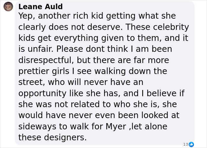 Social media comment criticizing a celebrity's child's modeling opportunity, questioning fairness and merit.