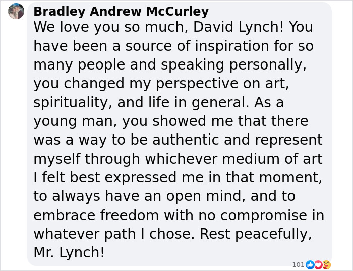 Tribute message mourning David Lynch, honoring his impact on art and spirituality.