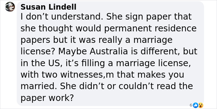 Comment questioning if bride was aware of fake ceremony scam.