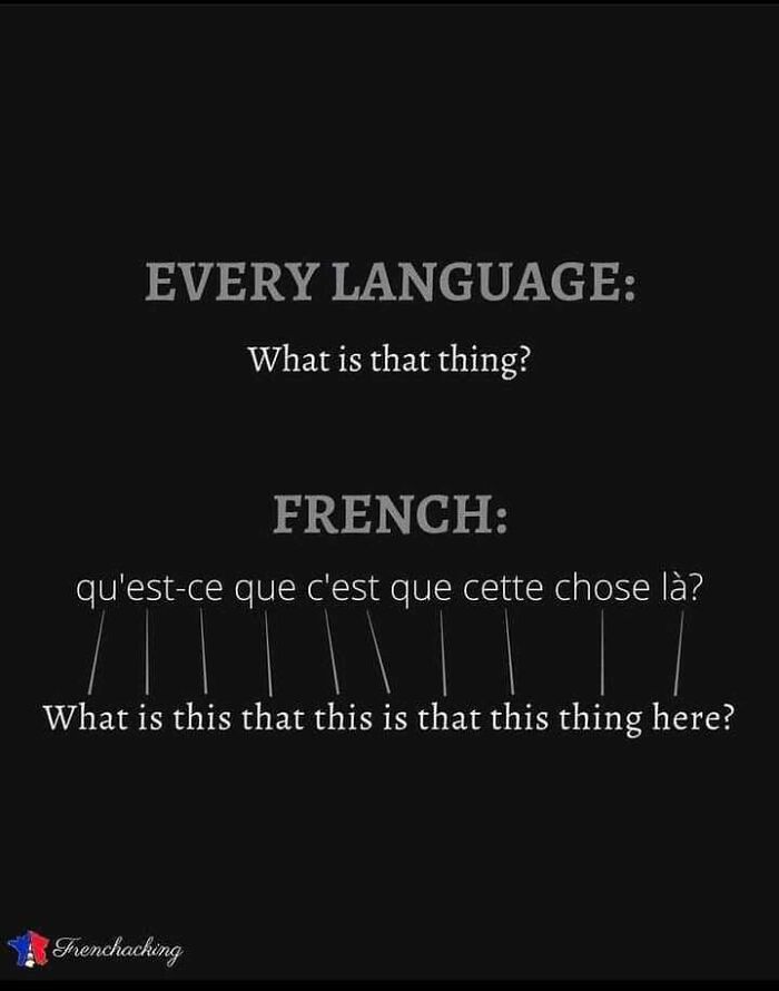 Linguistic meme comparing English and French translations of "What is that thing?"