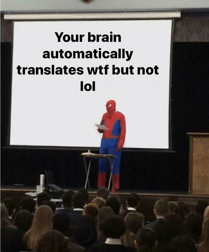 Spiderman in a lecture hall delivering a humorous linguistic meme on automatic brain translation.