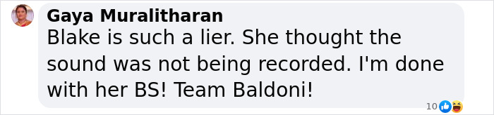 Text message supporting Justin Baldoni, criticizing Blake Lively.