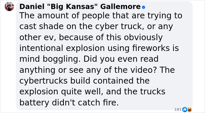 Comment on Cybertruck's durability against explosion, mentioning intentional use of fireworks and no battery fire.