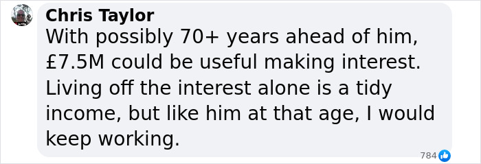 Comment discussing £7.5M lottery win, mentioning the idea of working despite the win for future income benefits.