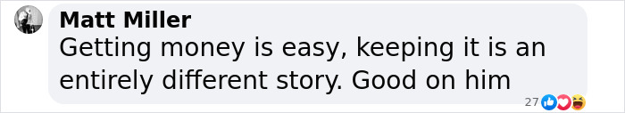 Comment praising lottery winner's decision to return to engineering work.