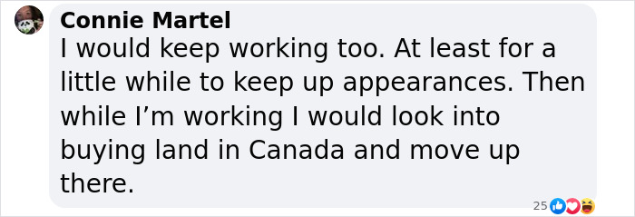 Comment about continuing work after winning the lottery, mentioning buying land in Canada.