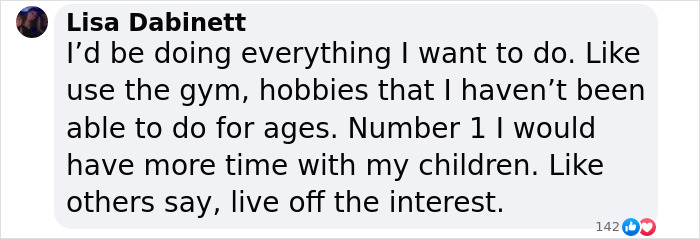 Comment discussing how to spend lottery winnings, mentioning gym and hobbies.