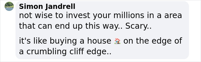 Text comment on investing in risky areas, mentioning house and cliff metaphor.