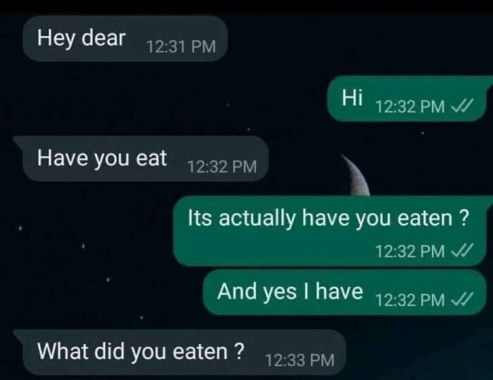 Chat conversation with humorous linguistic errors about eating, showcasing a meme from a Facebook page.