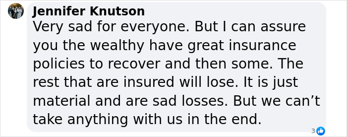 Screenshot of a comment discussing wealth and insurance during LA wildfires, with mentions of celebrities.