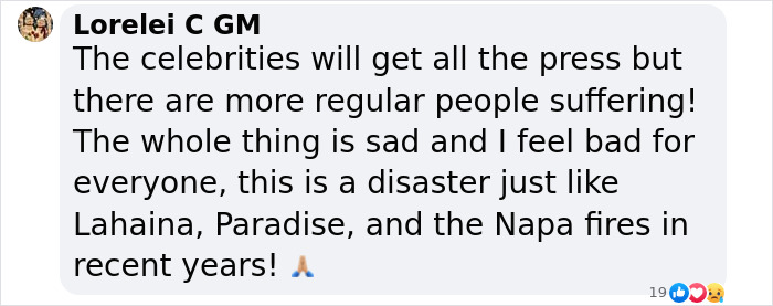 Comment criticizing celebrities for spotlight-stealing during LA wildfires, emphasizing regular people's suffering.