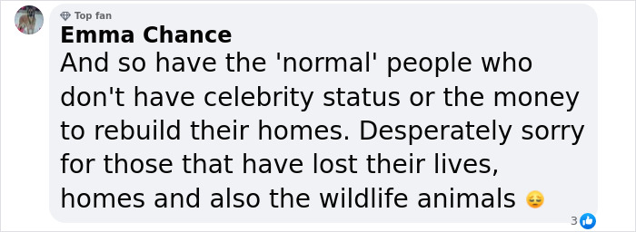 Screenshot of a comment criticizing celebrities during the LA wildfires, highlighting issues faced by ordinary people.