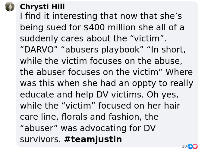 Comment referencing a $400 million lawsuit and supporting Justin Baldoni.