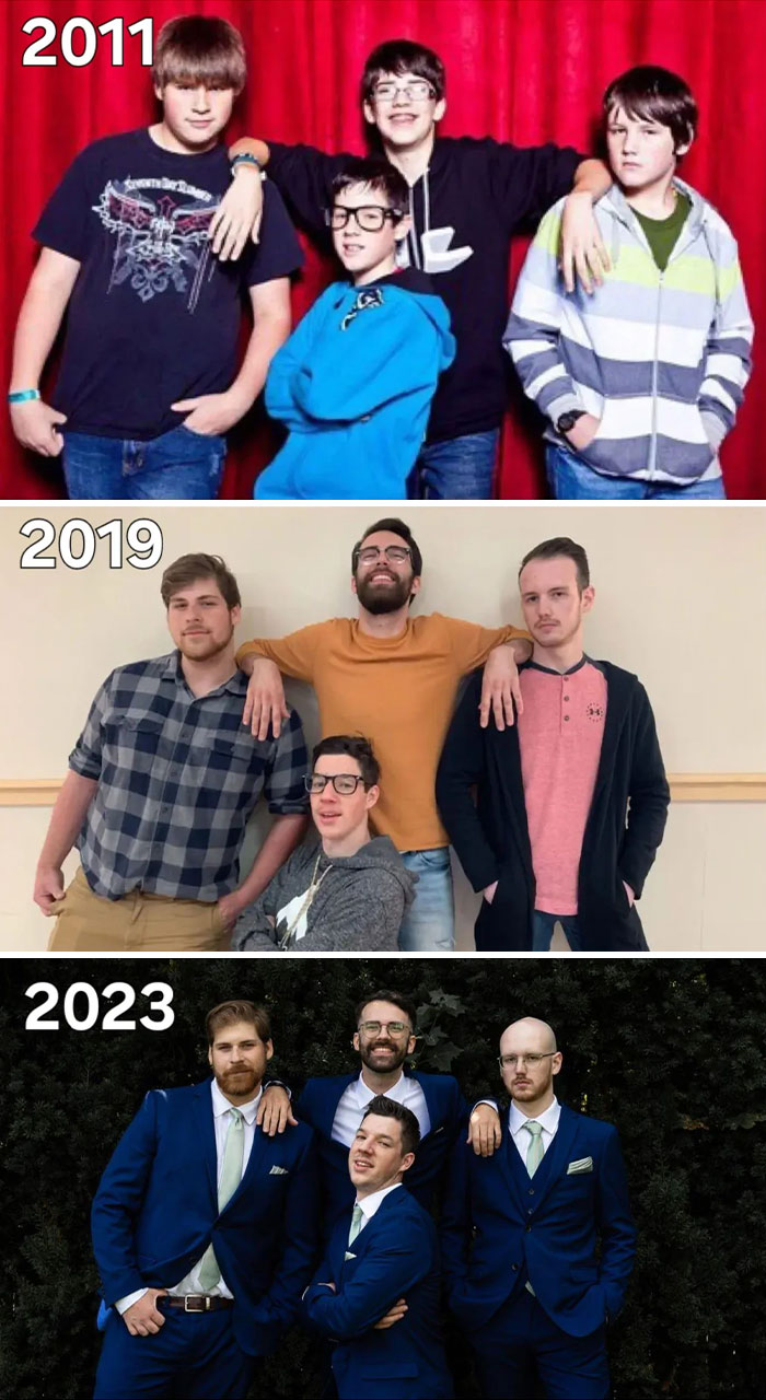 Group of four friends posing together in 2011, 2019, and 2023, showing changes over the years, highlighting blunder years.