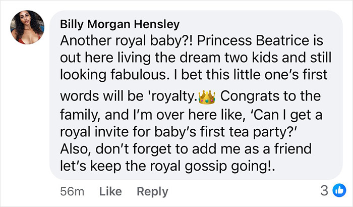 Comment celebrating Princess Beatrice's new baby daughter and her name, expressing excitement for royal news.