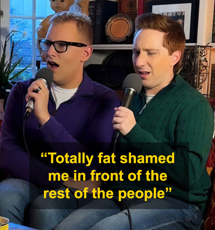 Two people holding microphones, with text overlay about fat shaming, discussing a passive-aggressive experience.