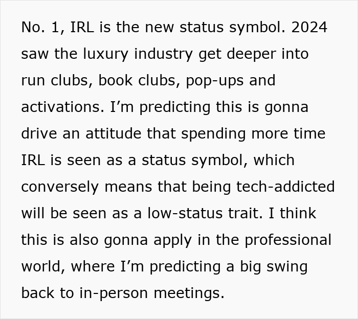 Text discussing a "post-brain rot era" with insights on in-person status trends and tech addiction as a low-status trait.