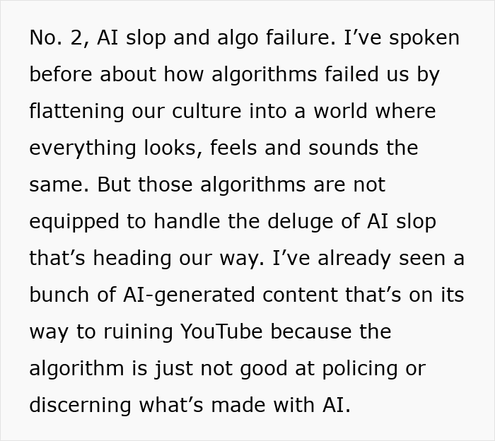 Text discussing algorithm failures and AI content's impact on culture and platforms like YouTube.