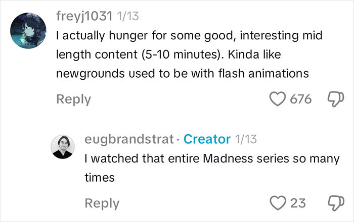 Online discussion about mid-length content and flash animations, hints at post-brain rot era insights.