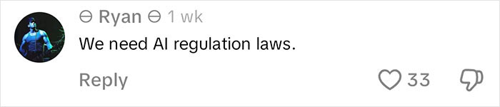 Comment by Ryan calling for AI regulation laws, gaining 33 likes.