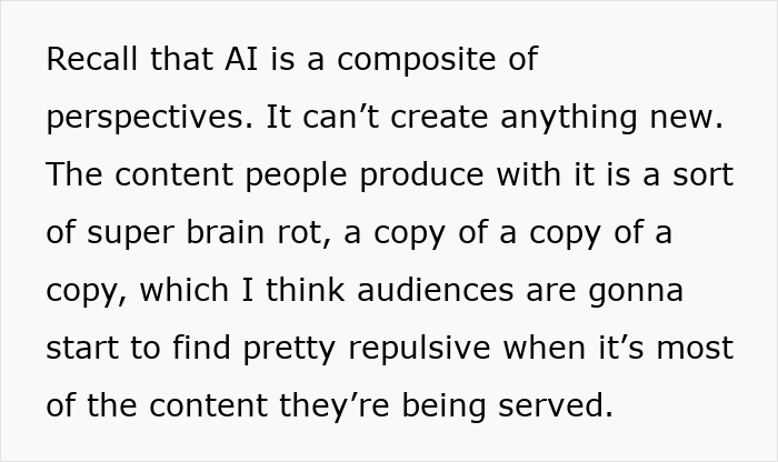 Text about AI perspectives and super brain rot, questioning content originality and predicting audience reaction.