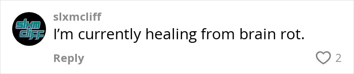 Comment from a user expressing healing from brain rot in a digital conversation.