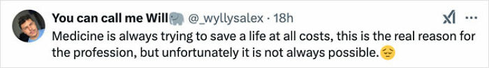 Tweet discussing the challenges of saving lives in medicine, reflecting on a pregnant woman on life support.