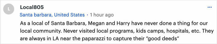 Comment discussing Meghan Markle and Prince Harry's involvement in the Santa Barbara community.