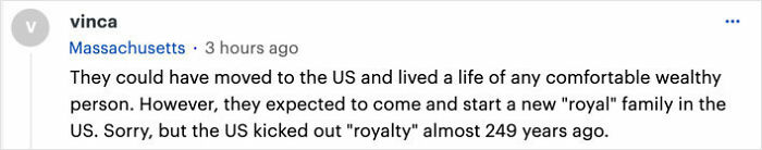 A comment discussing Meghan Markle and US royalty expectations.