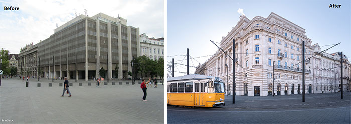 "Urban hell transformation: Before shows a stark building, after reveals a classic ornate structure with tramlines."