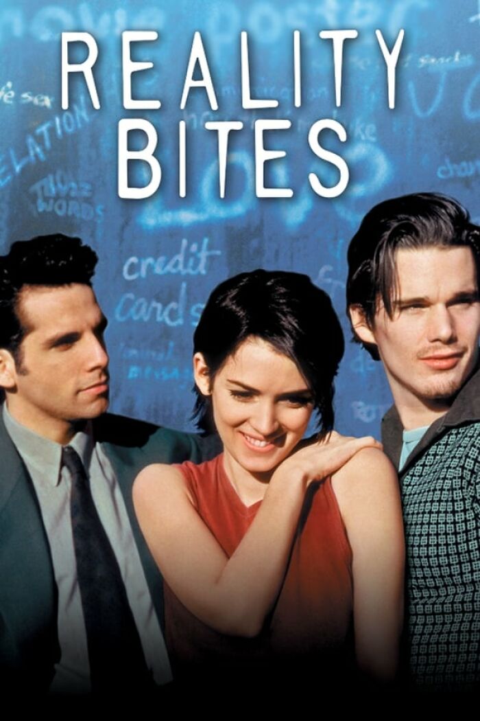 Actors from Reality Bites, a best nostalgia movie, standing together with a blue text-covered background.