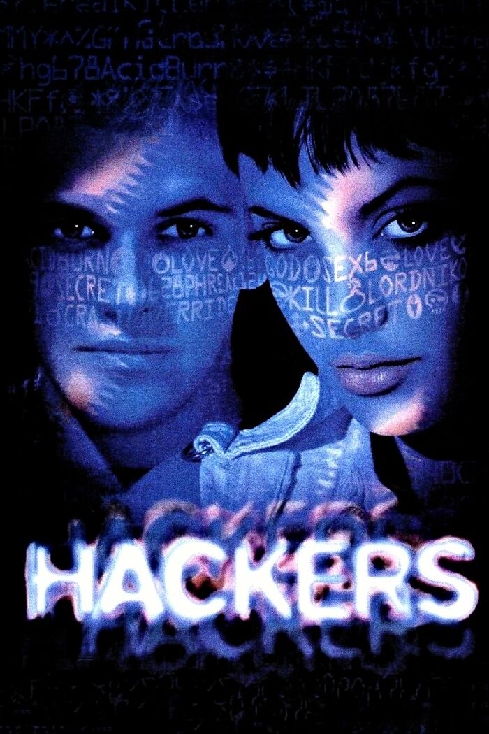 "Best Nostalgia Movies: Two faces with overlaying digital text on Hackers movie poster."