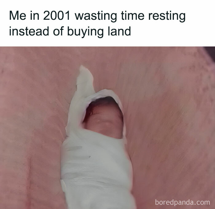 Random meme featuring a baby swaddled and resting, with humorous text about 2001 and buying land.