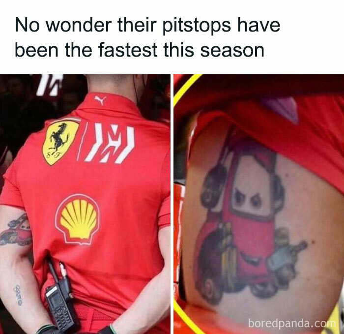 Random meme showing a racing team member in red uniform with a humorous tattoo of a cartoon car.