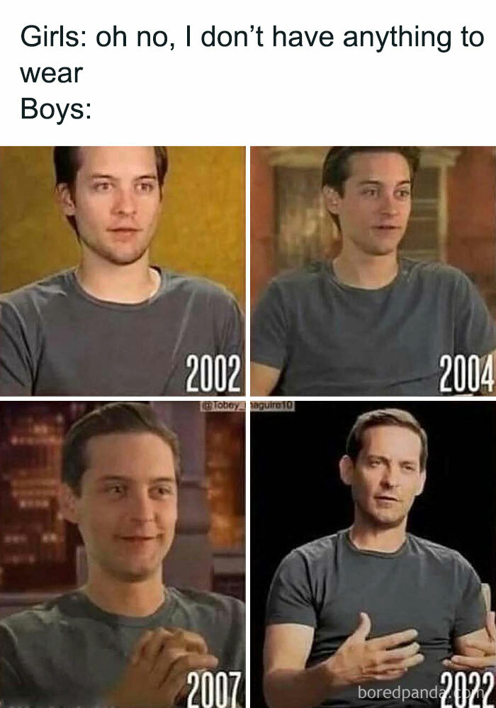 Random meme showing the same person wearing similar shirts over the years: 2002, 2004, 2007, 2022.