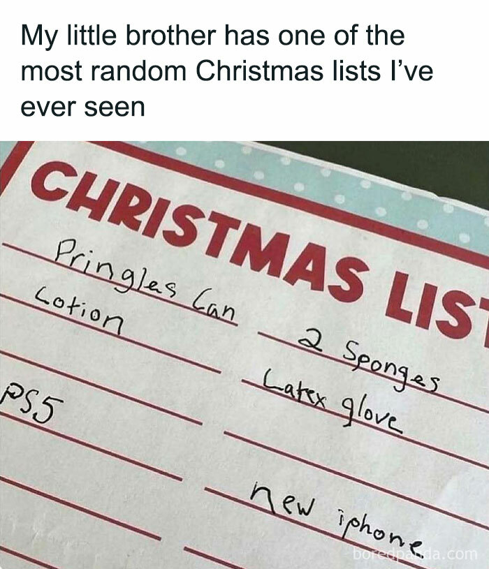 Random Christmas list with items like Pringles can, PS5, and sponges handwritten on lined paper.