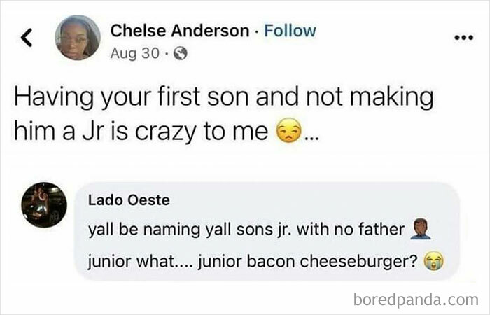 Random meme about naming sons Jr., features humorous dialogue and emojis.