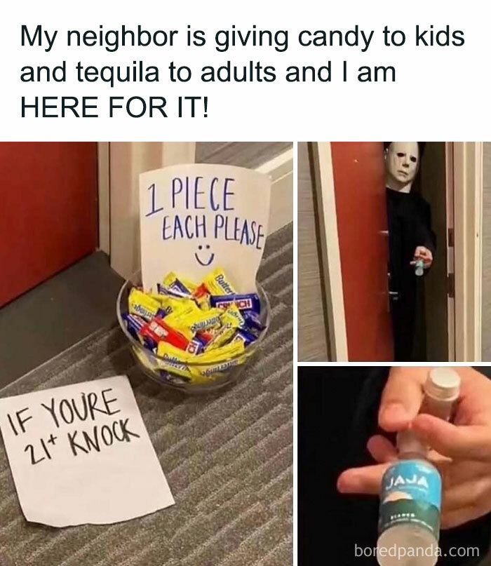 Candy and tequila humor meme featuring a masked person offering a small bottle of tequila beside a candy bowl.