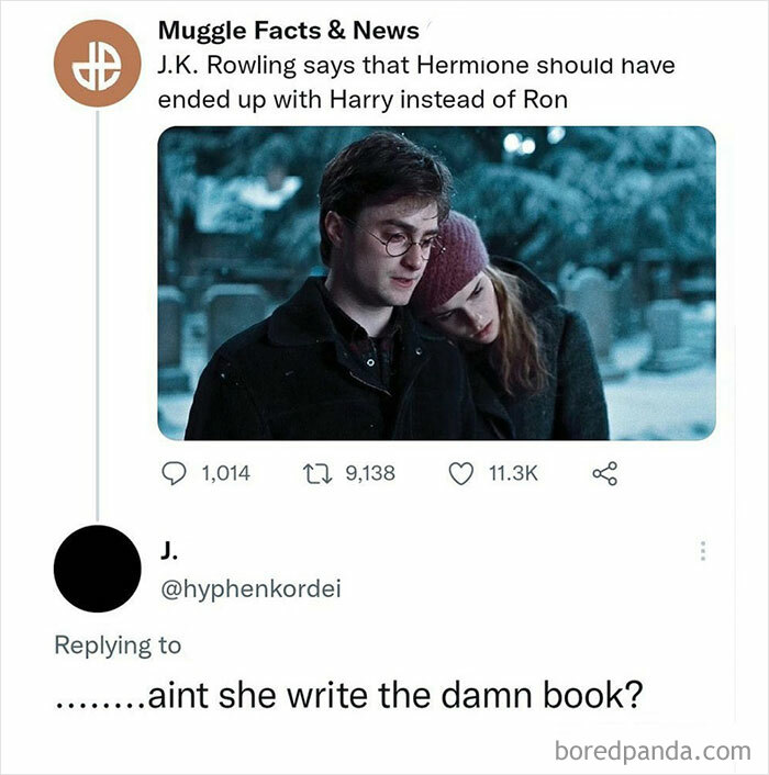 Random meme with a tweet about J.K. Rowling suggesting Hermione should have been with Harry instead of Ron.