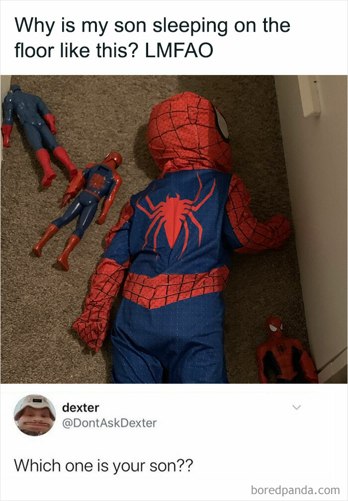 Child in Spiderman costume lying on the floor, surrounded by Spiderman toys, creating a hilarious meme moment.